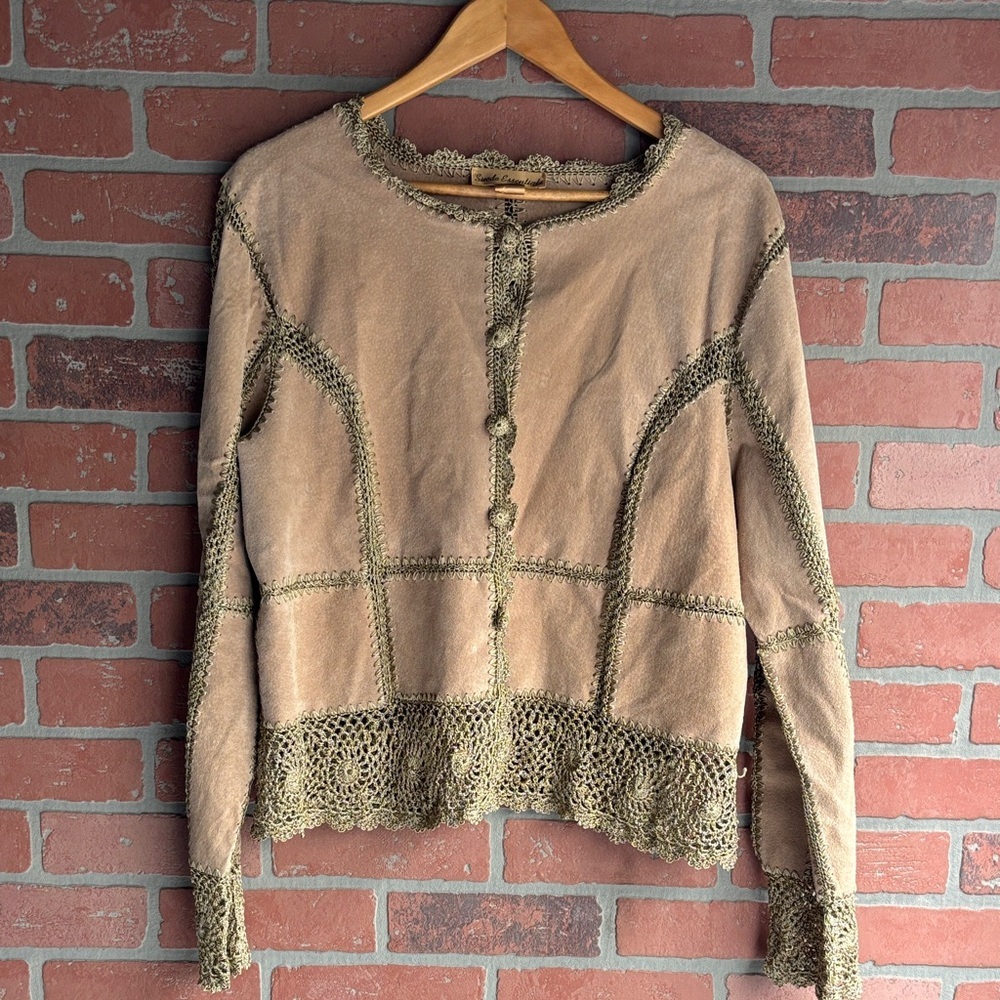 Vintage leather brown leather crochet patchwork jacket with trim - Picture 5 of 5
